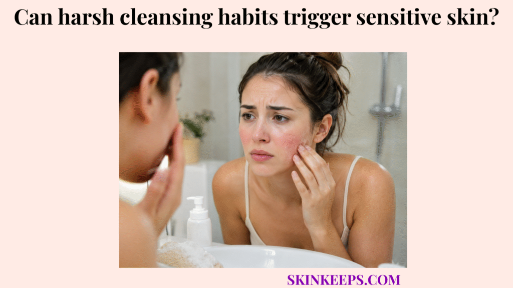 Realistic illustration of a woman examining red, dry, irritated skin after harsh facial cleansing in a bathroom.