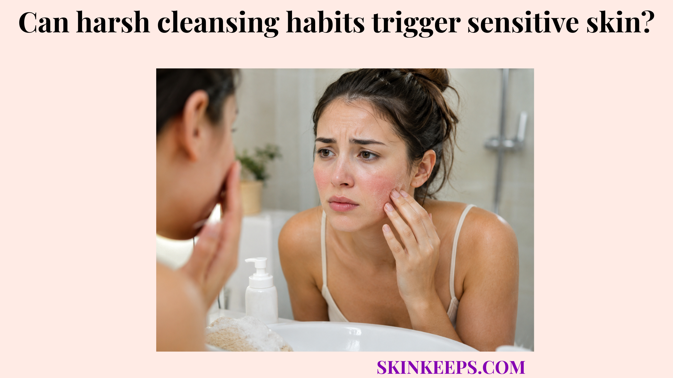 Realistic illustration of a woman examining red, dry, irritated skin after harsh facial cleansing in a bathroom.