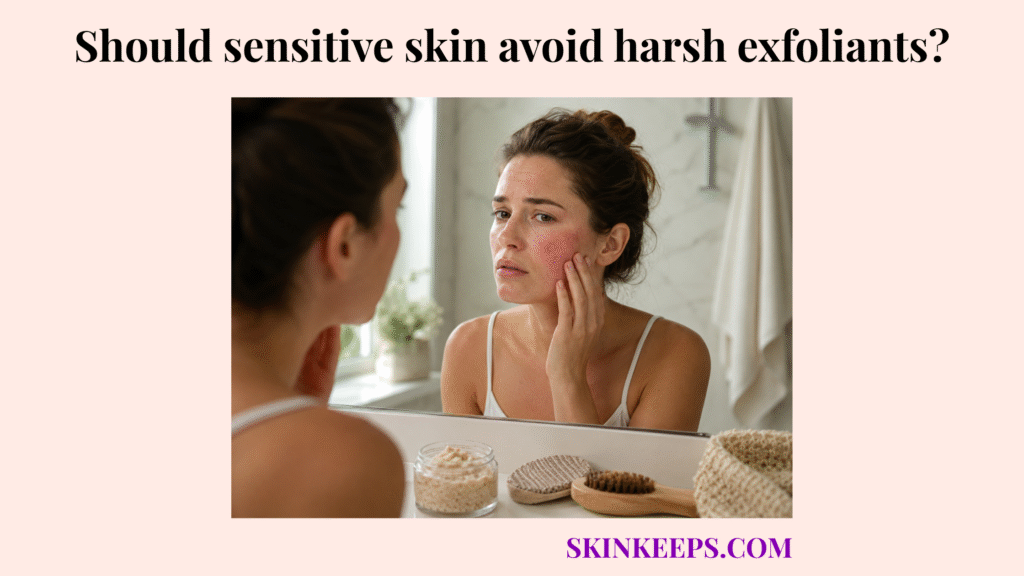 Realistic illustration of a woman examining red, irritated sensitive skin beside a facial scrub, rough cleansing pad, and exfoliating brush.