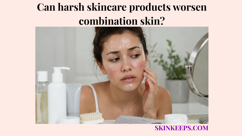 Realistic skincare image showing irritated combination skin after harsh products, with cheek redness and a shiny T-zone.
