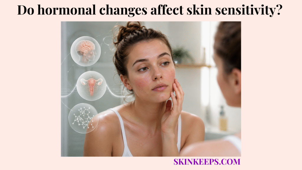 Realistic skincare illustration of a woman touching mildly red sensitive skin, with soft medical visuals suggesting hormonal and biological changes
