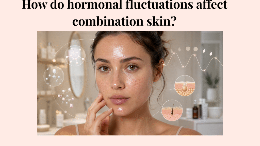 Realistic skincare image showing combination skin with a shiny T-zone, subtle cheek texture, and hormonal cycle-inspired graphics.