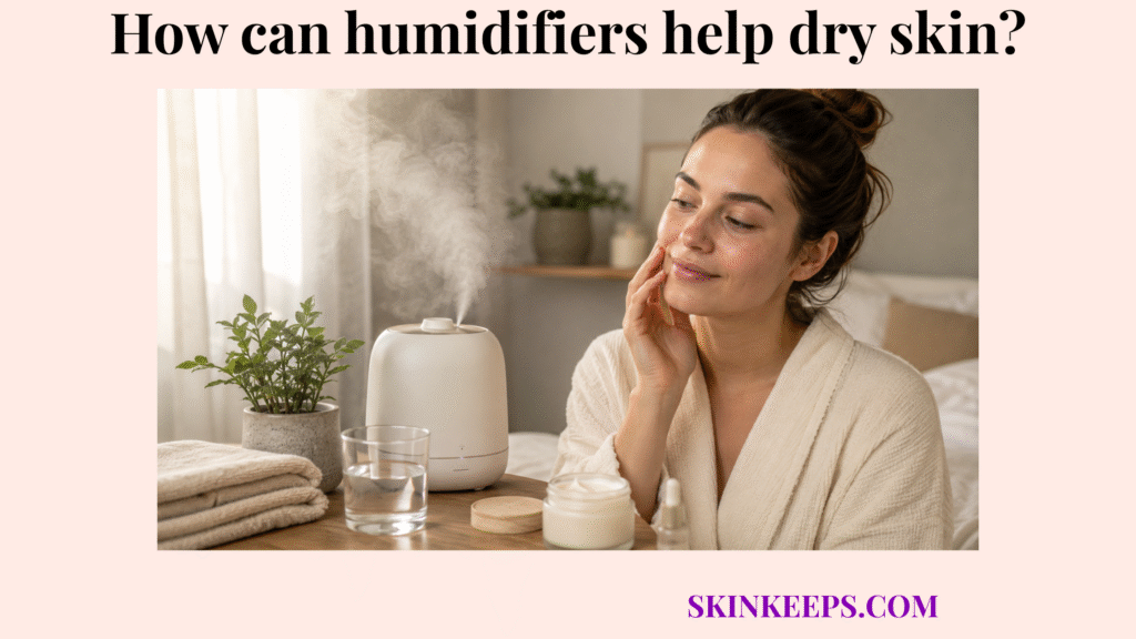 Woman touching her face beside a running humidifier, moisturizer, water glass, towels, and plants in a calm bedroom setting.