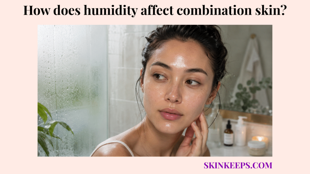 Realistic skincare image showing combination skin in a humid bathroom setting, with a shiny T-zone and moisture on the window.