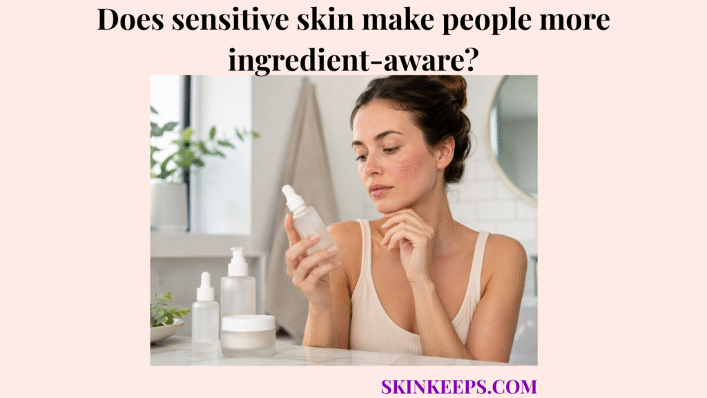 Realistic illustration of a woman with mildly sensitive skin carefully checking an unlabeled skincare bottle in a clean bathroom setting.