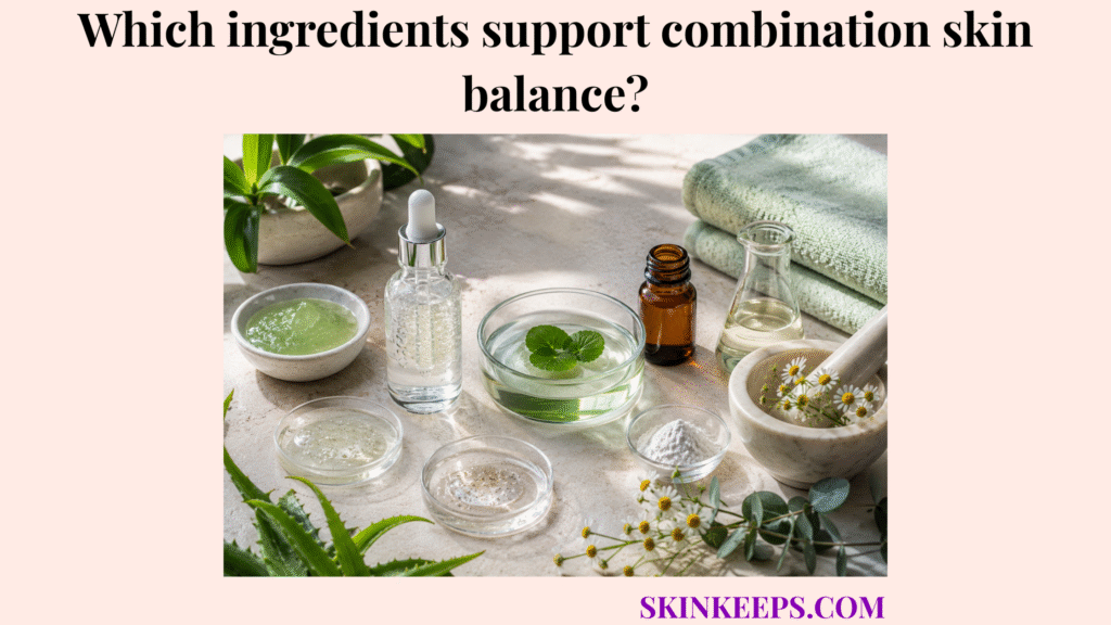 Natural skincare flat lay showing lightweight serums, gel textures, aloe, chamomile, and botanical ingredients for combination skin balance.