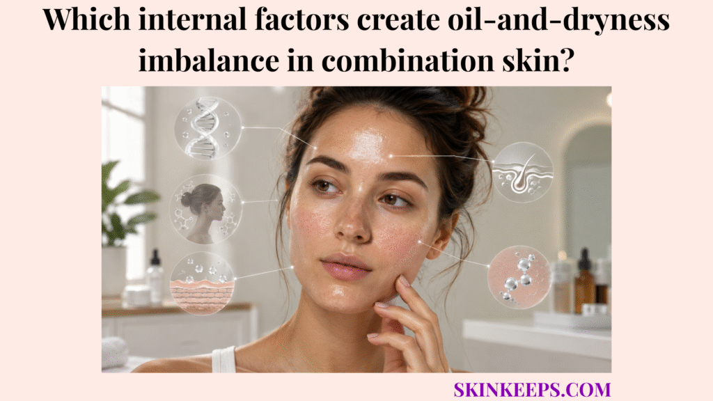 Realistic skincare image showing combination skin with an oily T-zone, dry cheeks, and subtle internal-factor visual overlays.