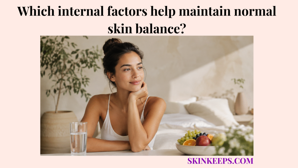 Realistic lifestyle portrait showing healthy normal skin with water, fresh fruit, and a calm indoor setting representing internal factors that support skin balance.