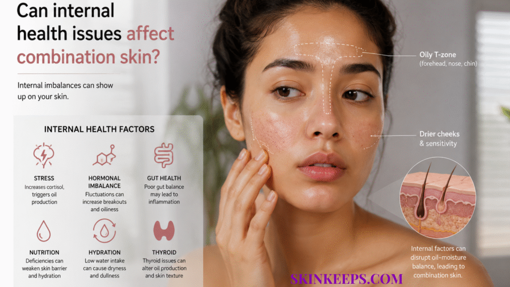 Realistic skincare infographic showing combination skin with an oily T-zone, drier cheeks, and internal health factor icons.