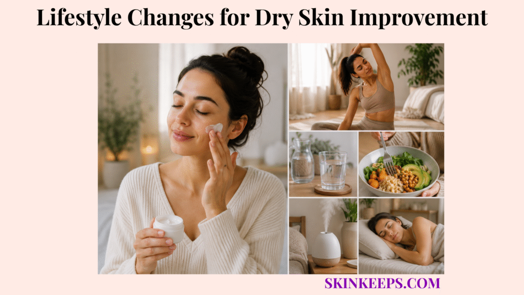 Lifestyle collage showing moisturizer use, stretching, water, healthy food, humidifier, and sleep habits for dry skin support.
