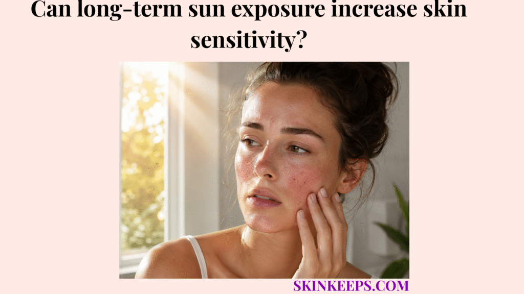 Realistic illustration of a woman touching mildly red sensitive skin near warm sunlight, suggesting irritation from long-term sun exposure