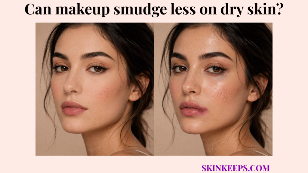 Side-by-side close-up comparison of intact matte makeup on dry skin and softer smudged makeup on shinier skin.