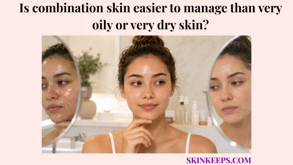 Realistic skincare image showing balanced combination skin between very oily and very dry skin reflections in bathroom mirrors.