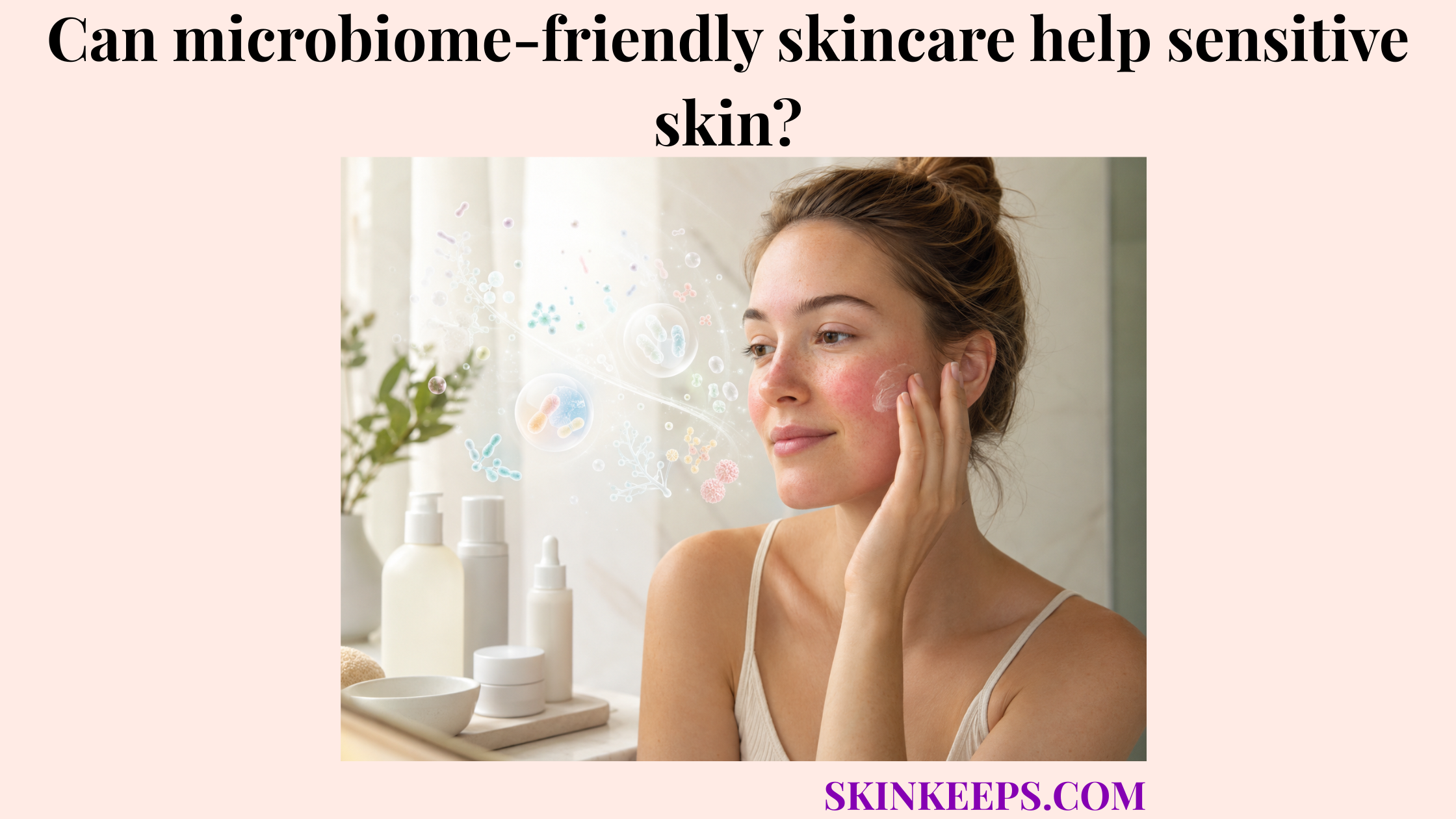 Realistic illustration of a woman with mild sensitive skin applying gentle skincare while soft microbiome-inspired visuals appear beside her.