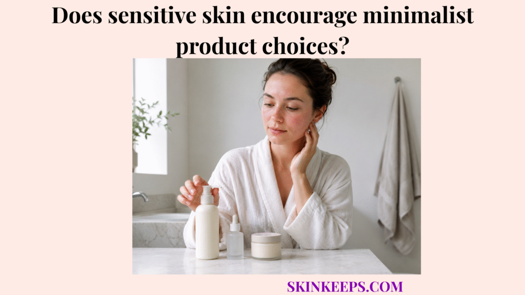 Realistic illustration of a woman with mild sensitive skin redness using a minimalist skincare routine with three simple products.