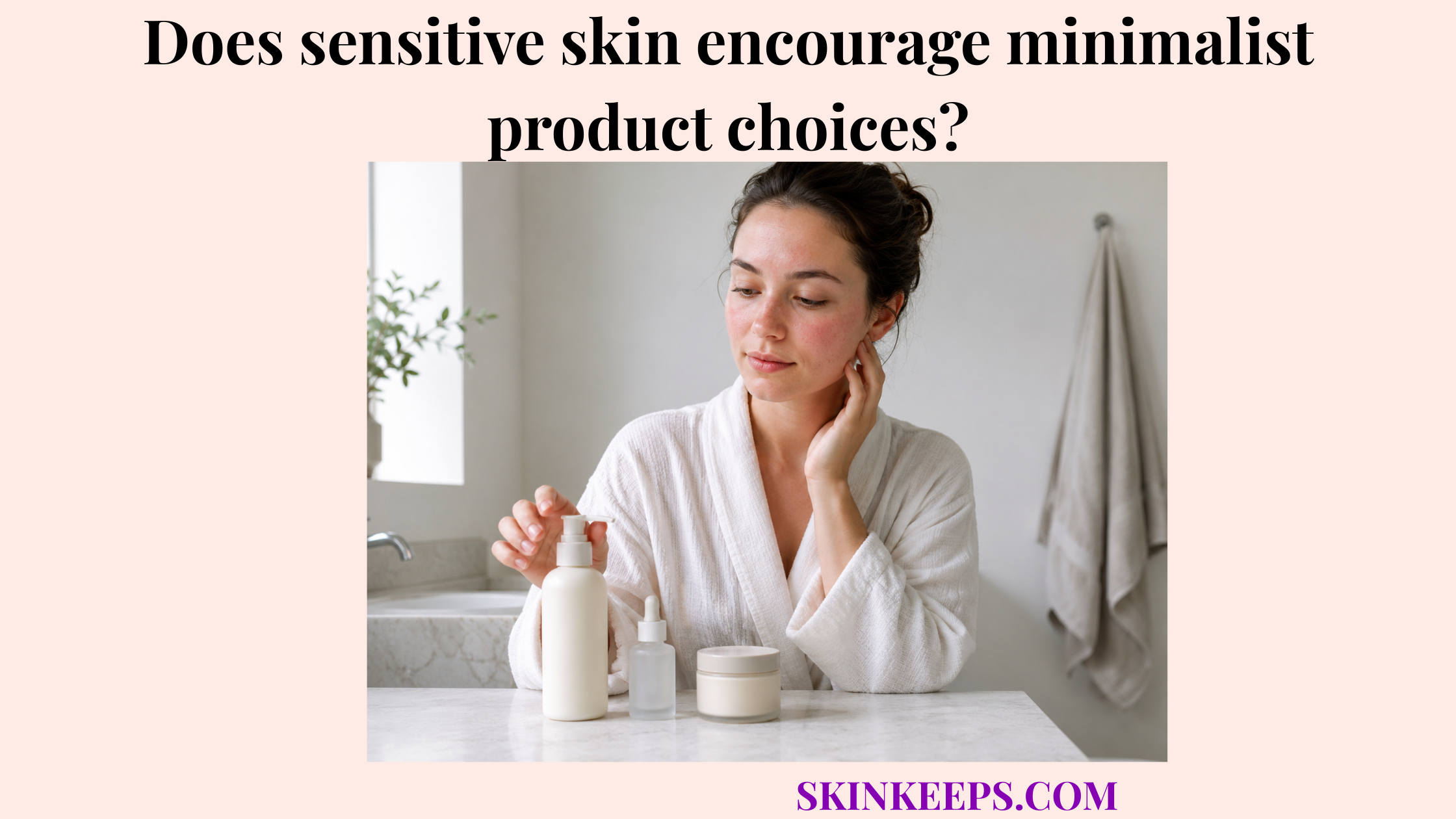 Realistic illustration of a woman with mild sensitive skin redness using a minimalist skincare routine with three simple products.