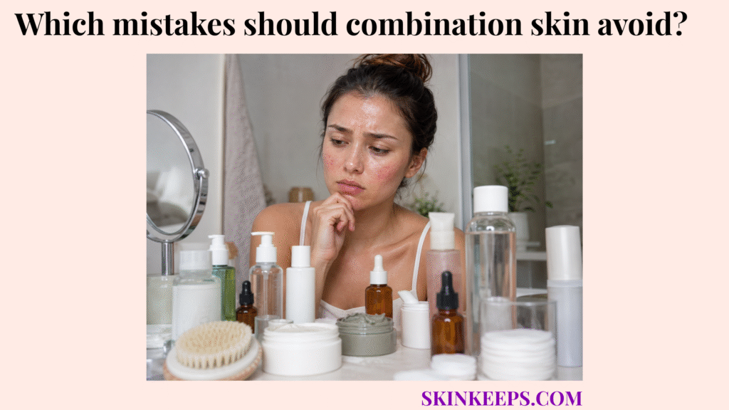 Realistic skincare image showing a woman with combination skin looking concerned while surrounded by too many skincare products.