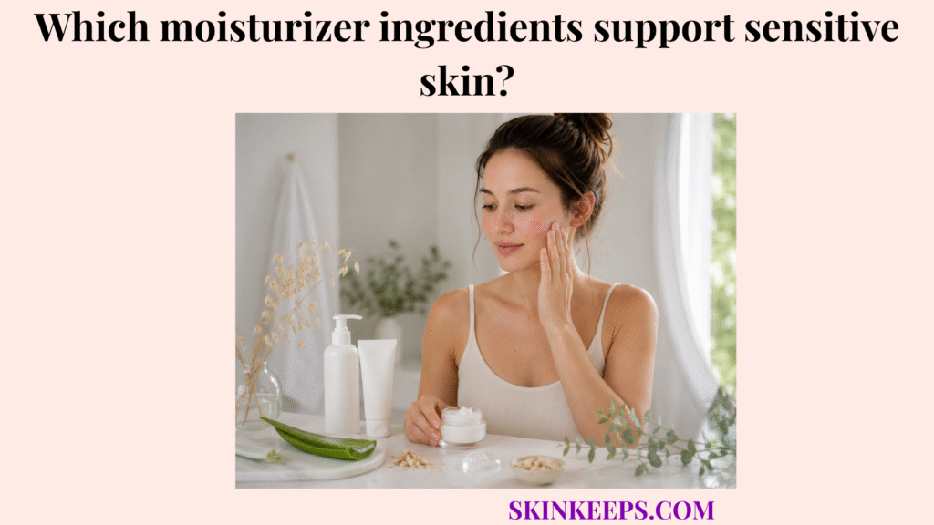 Realistic illustration of a woman with mild sensitive skin redness applying moisturizer beside gentle skincare ingredients like aloe and oat-based elements.