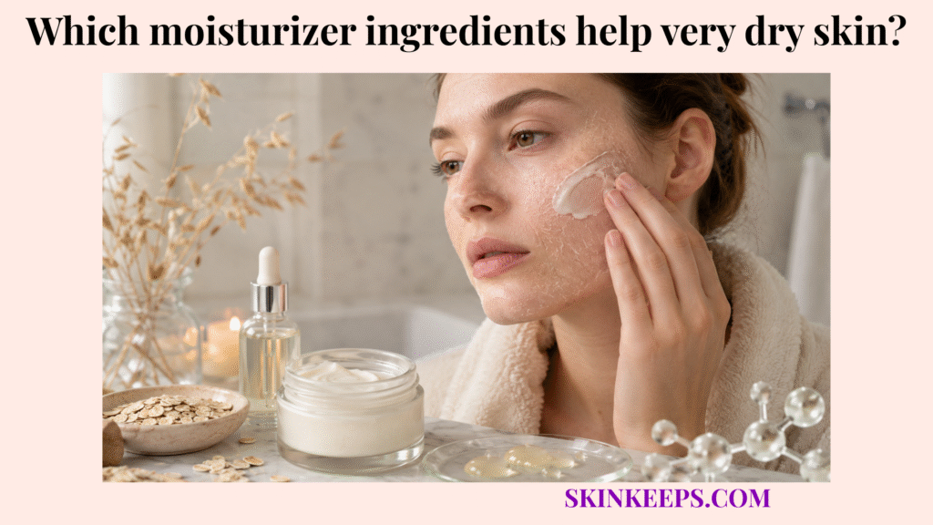Woman applying rich moisturizer to very dry facial skin beside cream, serum, oats, and skincare ingredient visuals.