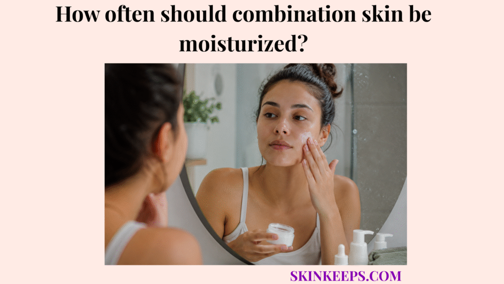 Realistic skincare image showing a woman with combination skin applying moisturizer in front of a bathroom mirror.