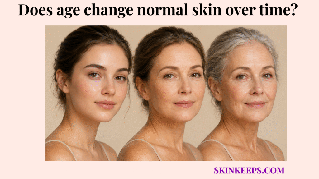 Realistic age progression portrait showing healthy normal skin at young adult, middle-aged, and older stages, with balanced skin changing naturally over time.
