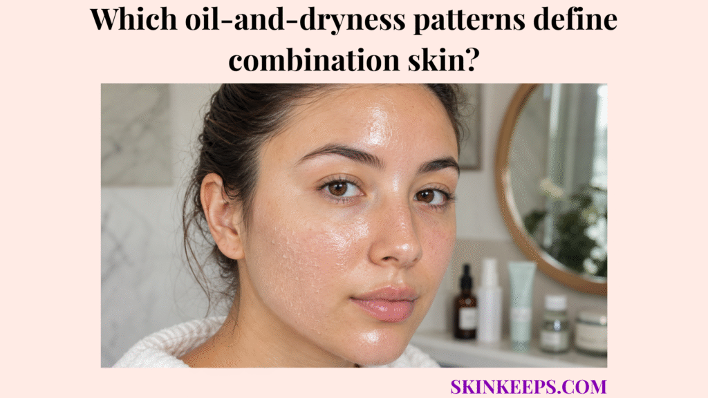 Close-up realistic skincare image showing combination skin with a shiny oily T-zone and dry, flaky cheek areas.