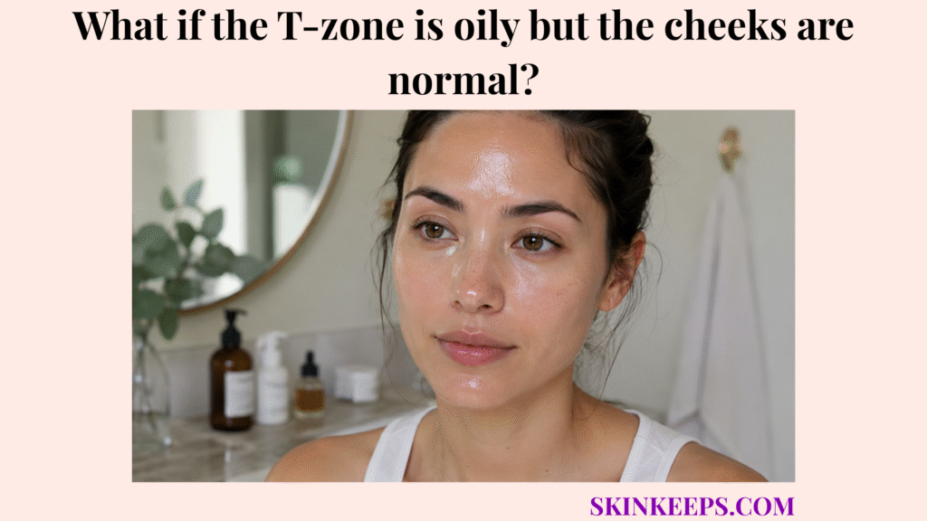 Close-up realistic skincare image showing combination skin with an oily T-zone and normal, balanced cheeks.