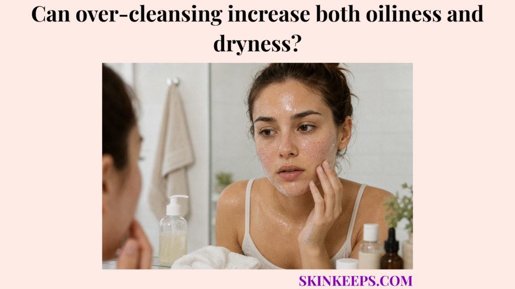 Realistic skincare image showing combination skin after over-cleansing, with a shiny forehead, cheek redness, and visible dryness.