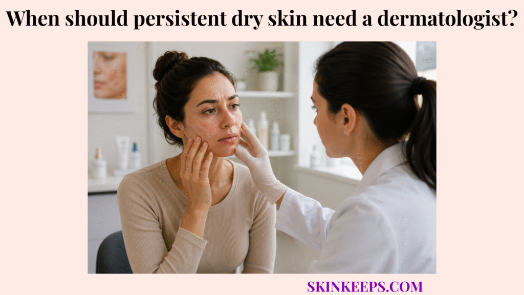 Dermatologist examining a woman with persistent dry, flaky facial skin in a bright modern clinic.