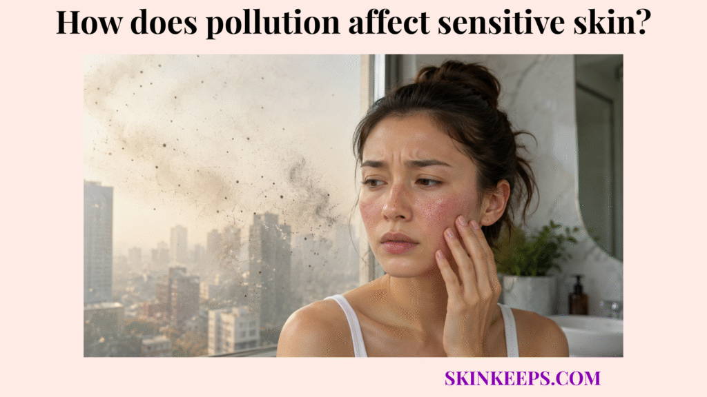 Realistic illustration of a woman with mildly red sensitive skin near a window showing city pollution particles outside.