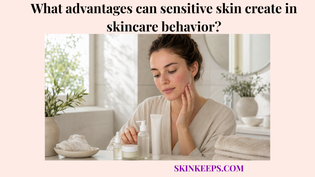 Realistic illustration of a woman with mild sensitive skin redness using a simple, gentle skincare routine in a calm bathroom setting.
