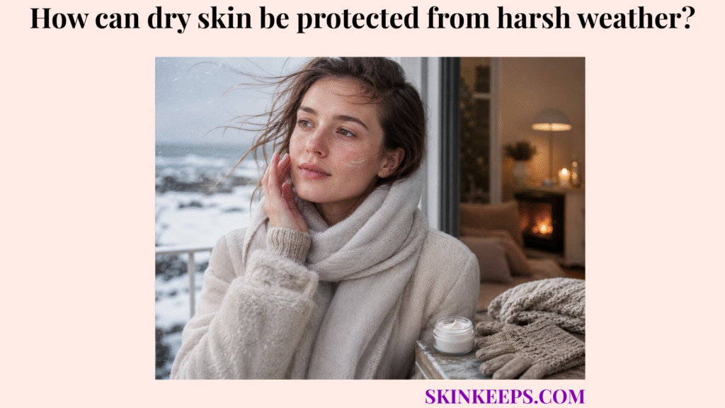 Woman protecting dry facial skin near a cold snowy window with scarf, gloves, moisturizer, and a warm indoor setting.