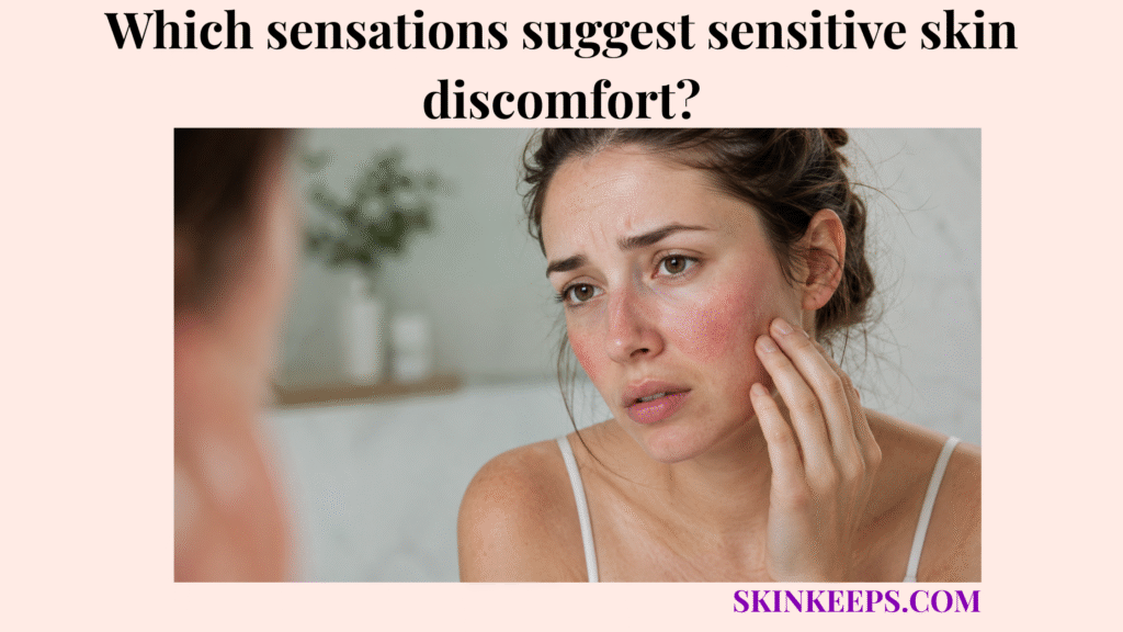 Realistic close-up illustration of a woman touching irritated sensitive skin with mild redness, suggesting stinging, burning, itching, or tightness.