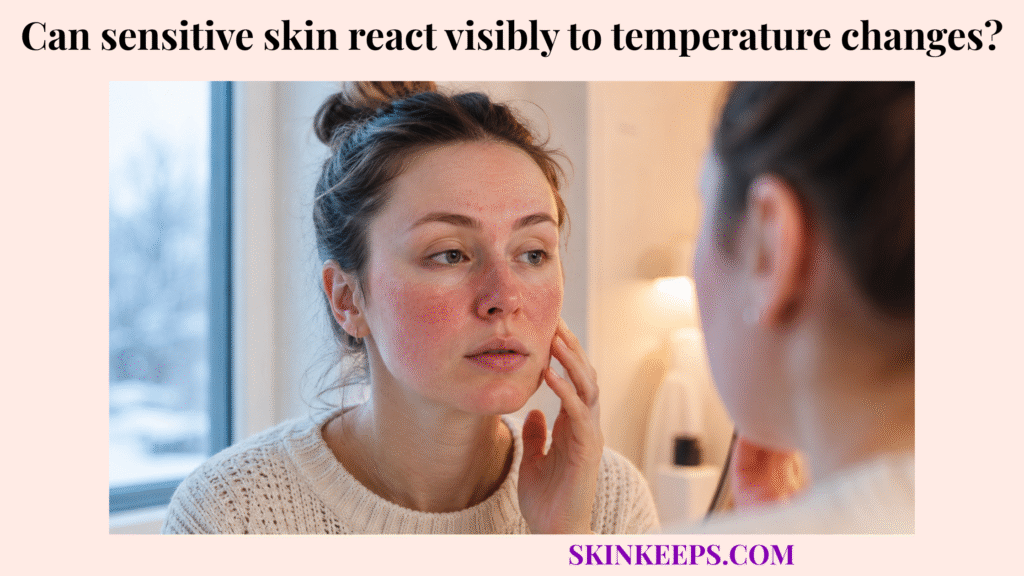 Woman looking in a mirror with facial redness and flushing near a cold window and warm indoor light.