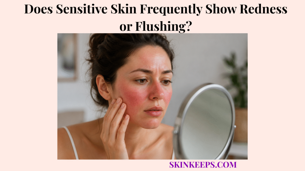 Woman looking in a mirror with visible facial redness and flushing on cheeks, nose, and forehead linked to sensitive skin.