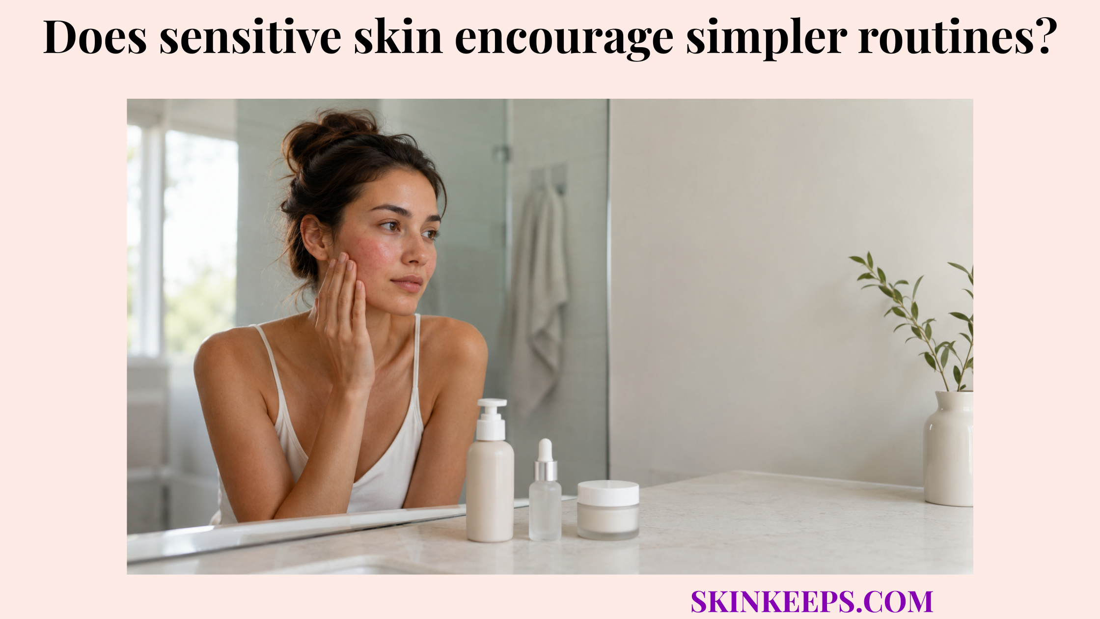 Realistic illustration of a woman with mild sensitive skin redness beside a simple three-product skincare routine in a clean bathroom.