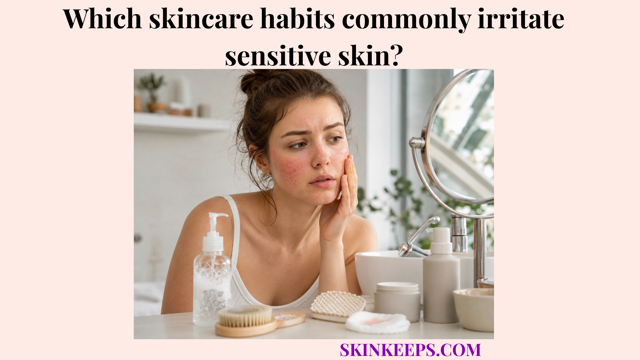 Realistic illustration of a woman examining red, irritated sensitive skin beside cleansers, scrubbing tools, and multiple skincare products.