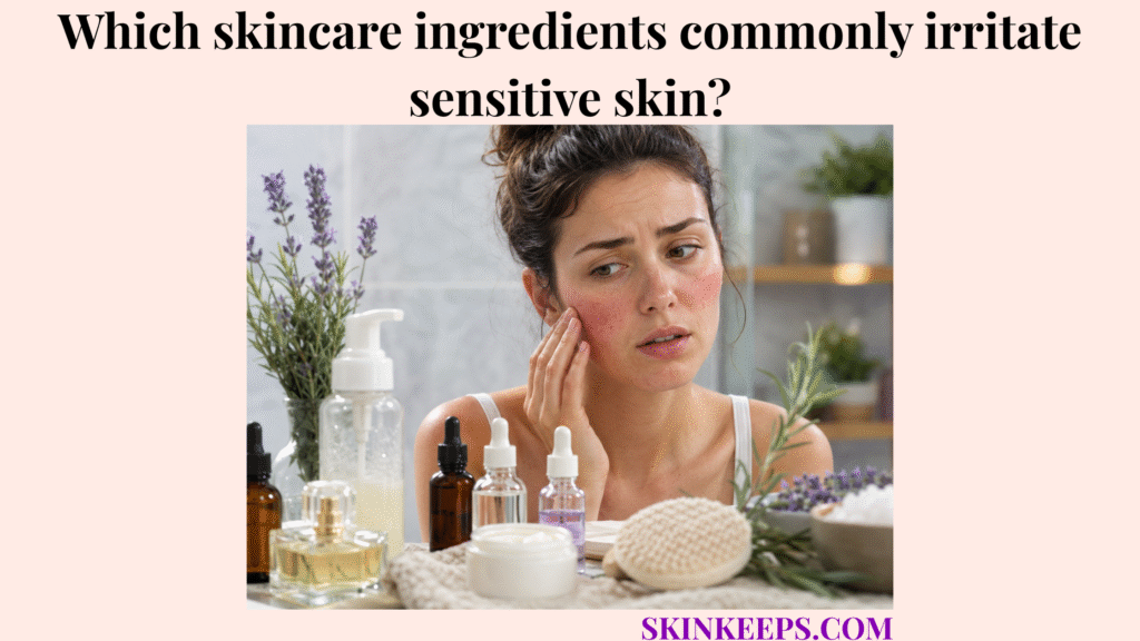 Realistic illustration of a woman examining red, irritated sensitive skin beside several unlabeled skincare products and botanical ingredients.