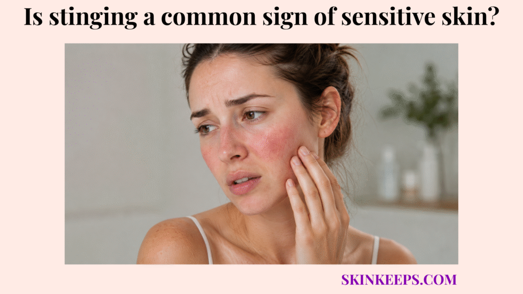 Realistic close-up illustration of a woman touching a red, irritated cheek, suggesting stinging and reactive sensitive skin.