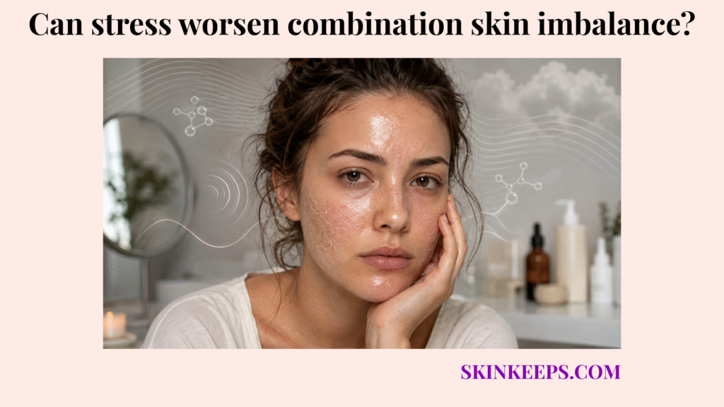Realistic skincare image showing stressed combination skin with a shiny T-zone, dry flaky cheeks, and subtle stress-wave graphics.