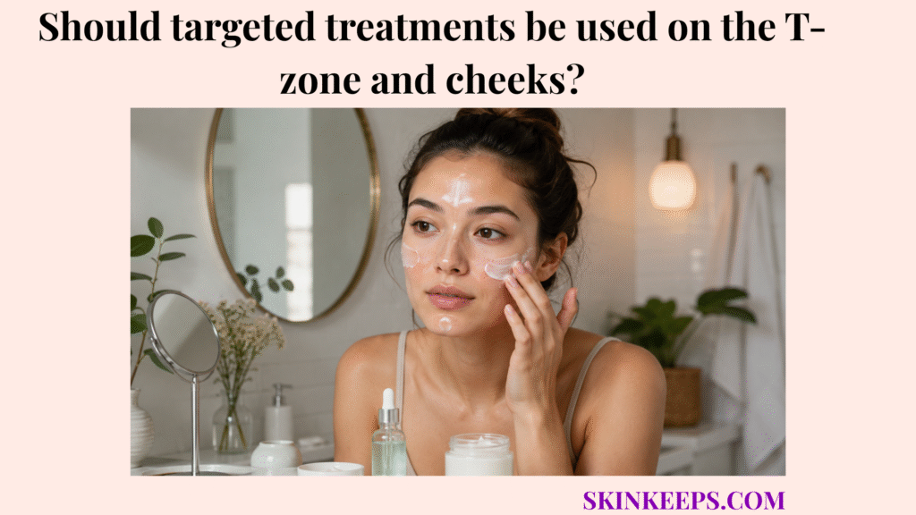 Realistic skincare image showing a woman with combination skin applying targeted treatments to the T-zone and cheeks.