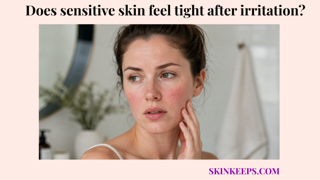 Realistic illustration of a woman gently touching red, irritated sensitive skin that appears tight after irritation.