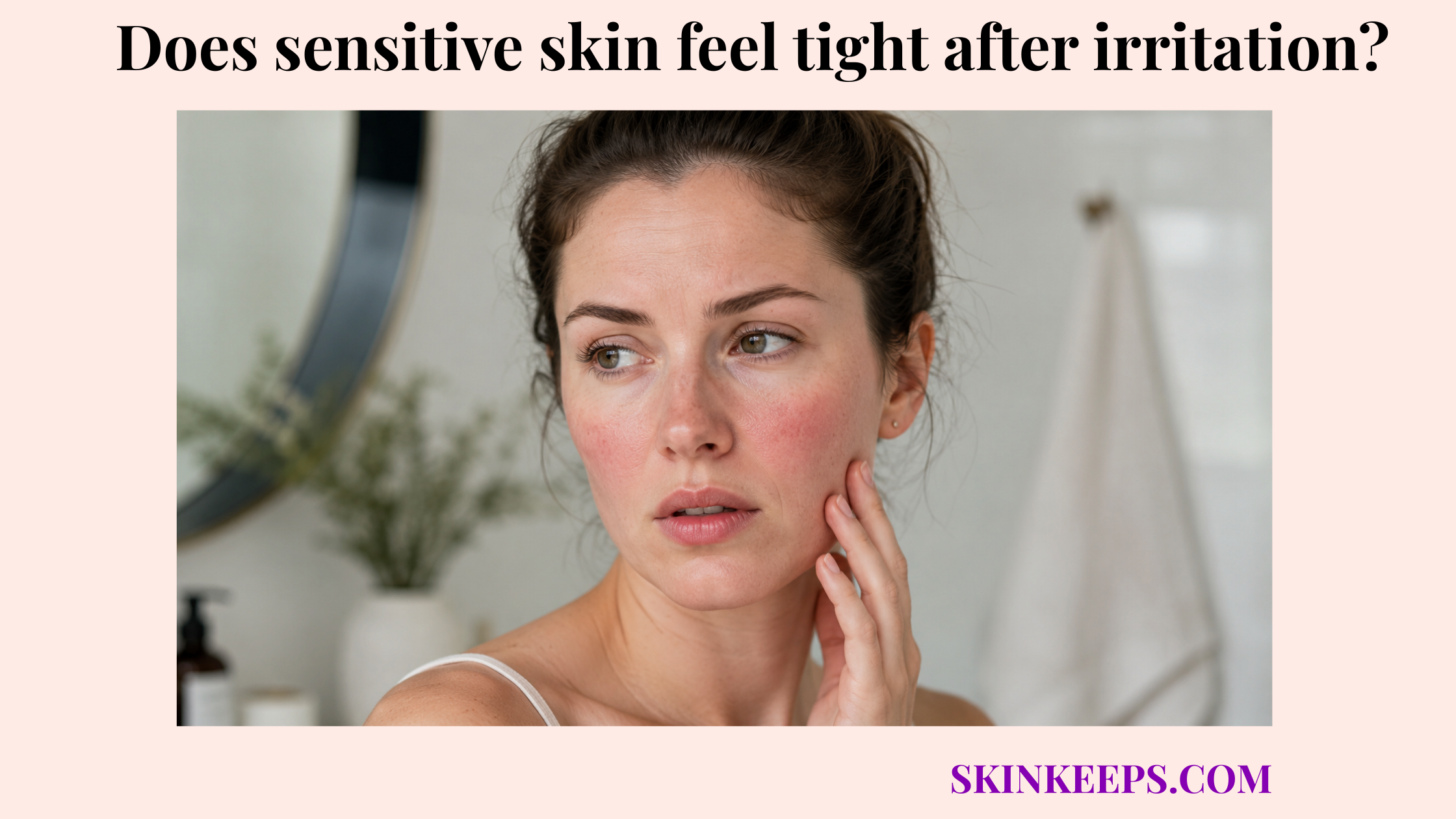 Realistic illustration of a woman gently touching red, irritated sensitive skin that appears tight after irritation.