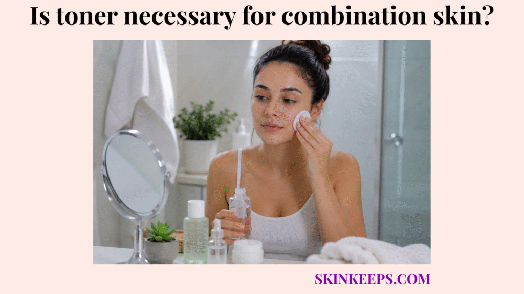 Realistic skincare image showing a woman with combination skin applying toner with a cotton pad in a clean bathroom setting.