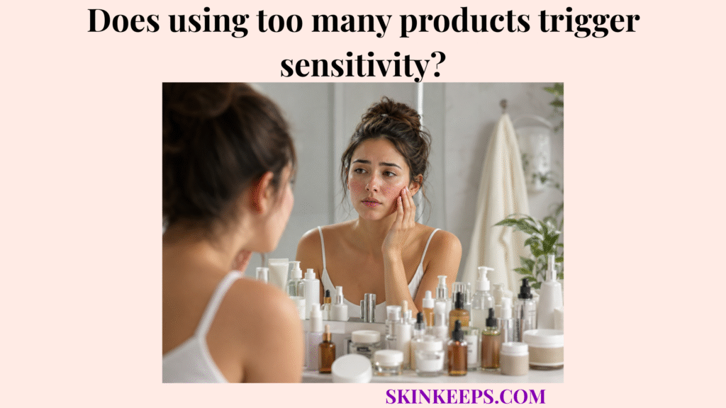 Realistic illustration of a woman examining red, irritated sensitive skin beside many skincare bottles and products on a bathroom counter.