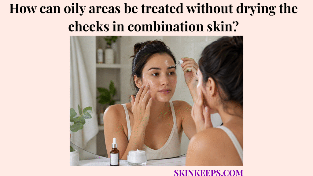 Realistic skincare image showing a woman with combination skin applying serum to the oily T-zone while keeping the cheeks moisturized.