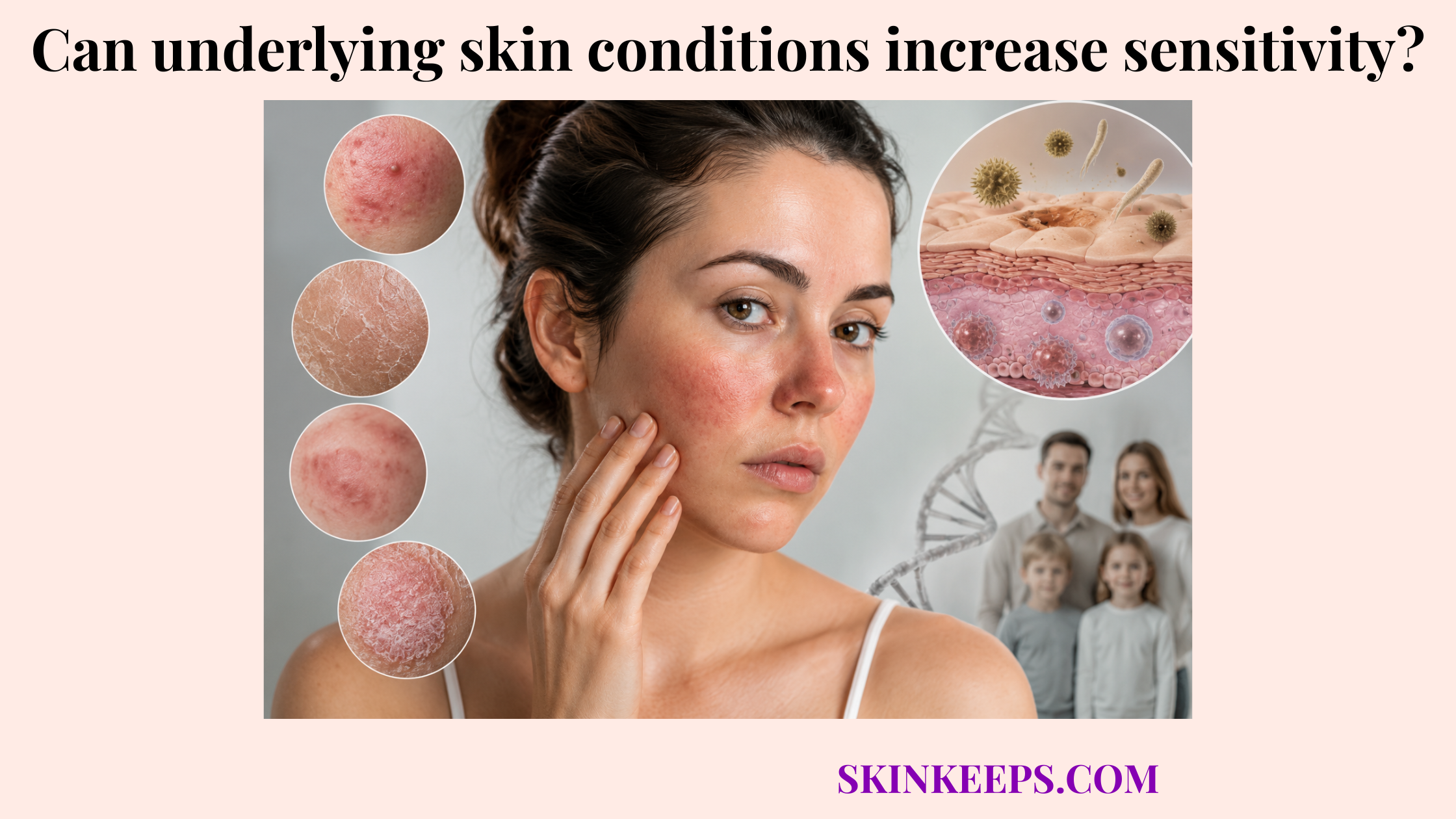 Realistic dermatology-style illustration of a woman touching red, irritated sensitive skin, surrounded by visuals of skin conditions, barrier disruption, and immune activity.