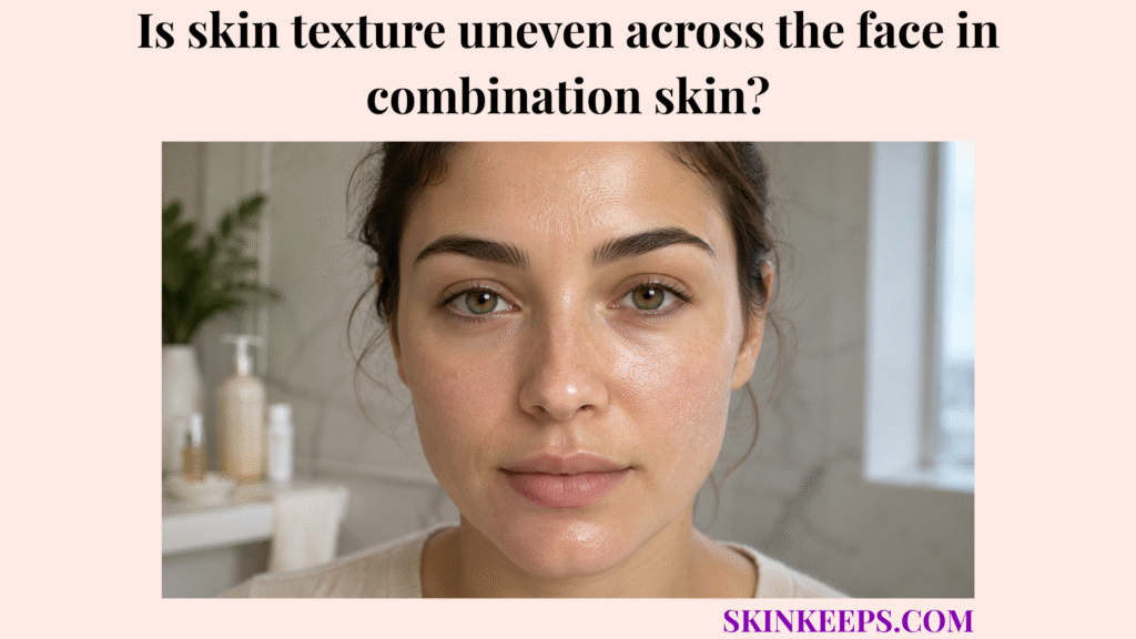 Close-up realistic skincare image showing uneven skin texture across combination skin, with a shiny T-zone, visible pores, and mildly dry cheeks.
