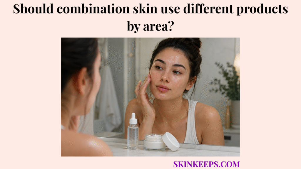 Realistic skincare image showing a woman with combination skin applying different products to different facial areas.