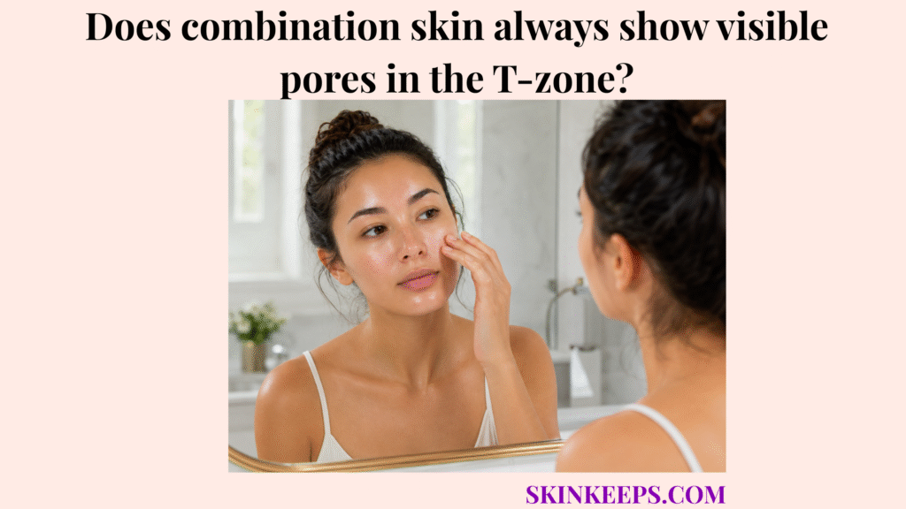 Realistic illustration of a woman examining combination skin in a mirror, focusing on the nose and T-zone with subtle shine and faint pore texture.
